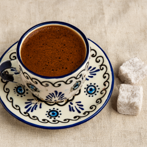 EL YAPIMI ÇİNİ SERAMİK KABARTMA DESENLİ NAZAR MOTİF 2' Lİ KAHVE FİNCANI SETİ