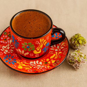 EL YAPIMI ÇİNİ SERAMİK KABARTMA DESENLİ 2' Lİ KAHVE FİNCANI SETİ