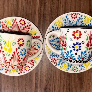 EL YAPIMI ÇİNİ SERAMİK KABARTMA DESENLİ 2' Lİ ÇAY FİNCANI SETİ