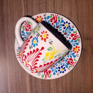 EL YAPIMI ÇİNİ SERAMİK KABARTMA DESENLİ 2' Lİ ÇAY FİNCANI SETİ