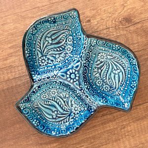 EL YAPIMI ÇİNİ SERAMİK KABARTMA DESENLİ YAPRAK MODEL FİRUZE / MAVİ ÇEREZLİK - KAHVALTILIK