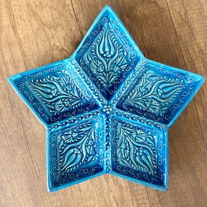 EL YAPIMI ÇİNİ SERAMİK KABARTMA DESENLİ KUTUP YILDIZI FİRUZE / MAVİ ÇEREZLİK - KAHVALTILIK