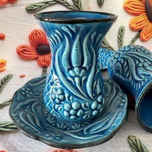 EL YAPIMI ÇİNİ SERAMİK KABARTMA DESENLİ 6'LI FİRUZE / MAVİ ÇAY BARDAĞI SETİ