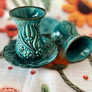 EL YAPIMI ÇİNİ SERAMİK KABARTMA DESENLİ 6'LI TURKUAZ / YEŞİL ÇAY BARDAĞI SETİ