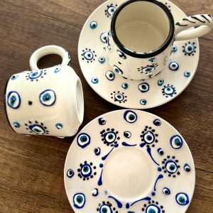 EL YAPIMI ÇİNİ SERAMİK KABARTMA DESENLİ NAZAR MOTİF 2' Lİ KAHVE FİNCANI SETİ - BEYAZ