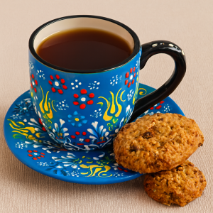 EL YAPIMI ÇİNİ SERAMİK KABARTMA DESENLİ 2' Lİ ÇAY FİNCANI SETİ