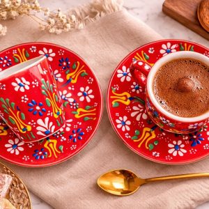 EL YAPIMI ÇİNİ SERAMİK TÜRK KAHVESİ FİNCANI TAKIMI - KIRMIZI