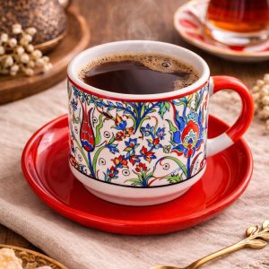 EL YAPIMI ÇİNİ DESENLİ TABAKLI KUPA / ÇAY & FİLTRE KAHVE FİNCANI - KIRMIZI