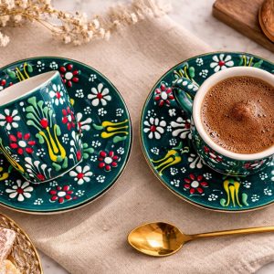 EL YAPIMI ÇİNİ SERAMİK TÜRK KAHVESİ FİNCANI TAKIMI - YEŞİL