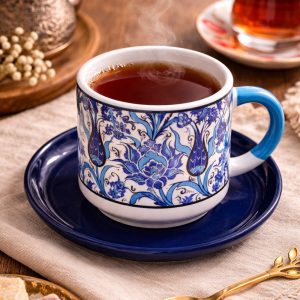 EL YAPIMI ÇİNİ DESENLİ TABAKLI KUPA / ÇAY & FİLTRE KAHVE FİNCANI - LACİVERT