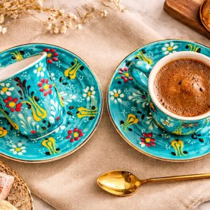EL YAPIMI ÇİNİ SERAMİK TÜRK KAHVESİ FİNCANI TAKIMI - MAVİ