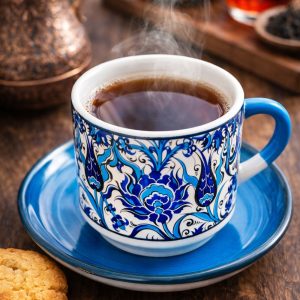 EL YAPIMI ÇİNİ DESENLİ TABAKLI KUPA / ÇAY & FİLTRE KAHVE FİNCANI - MAVİ