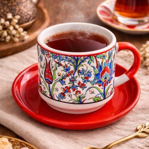 EL YAPIMI ÇİNİ DESENLİ TABAKLI KUPA / ÇAY & FİLTRE KAHVE FİNCANI - TURUNCU