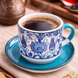 EL YAPIMI ÇİNİ DESENLİ TABAKLI KUPA / ÇAY & FİLTRE KAHVE FİNCANI - YEŞİL